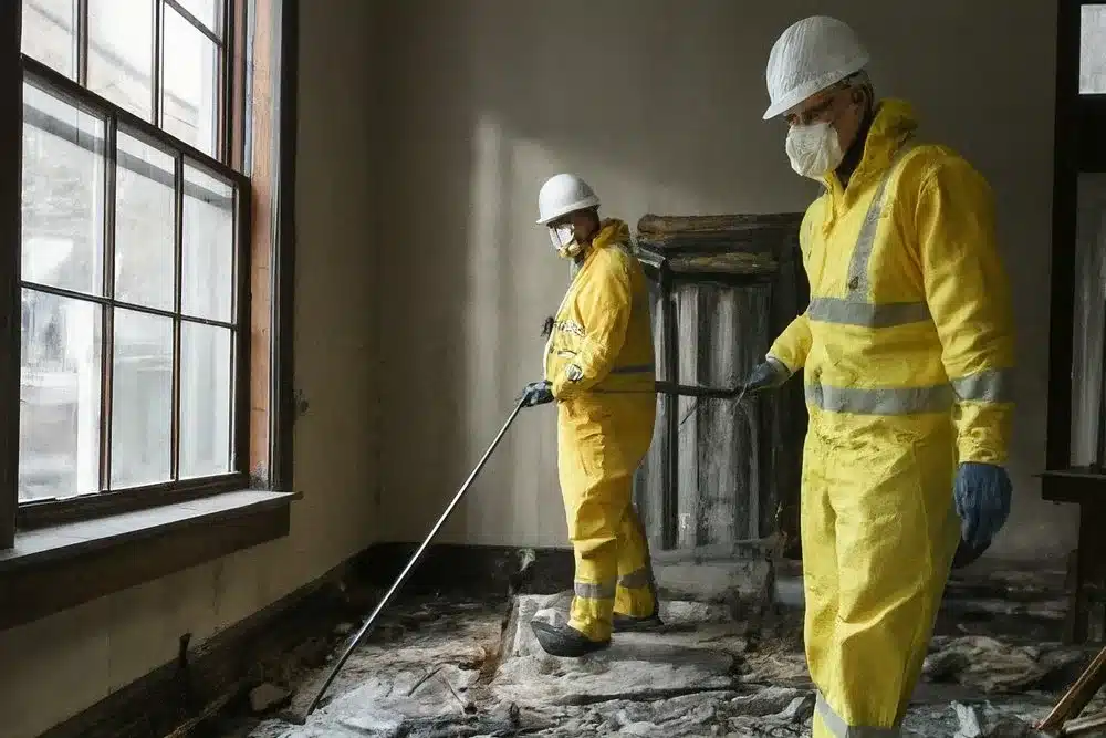 Two restoration technicians in protective suits and respirators clearing soot from a fire-damaged room