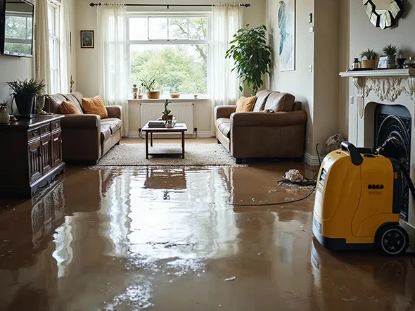 A flooded living room with standing water across the floor and a portable water extractor running — water and fire restoration leads in Delaware