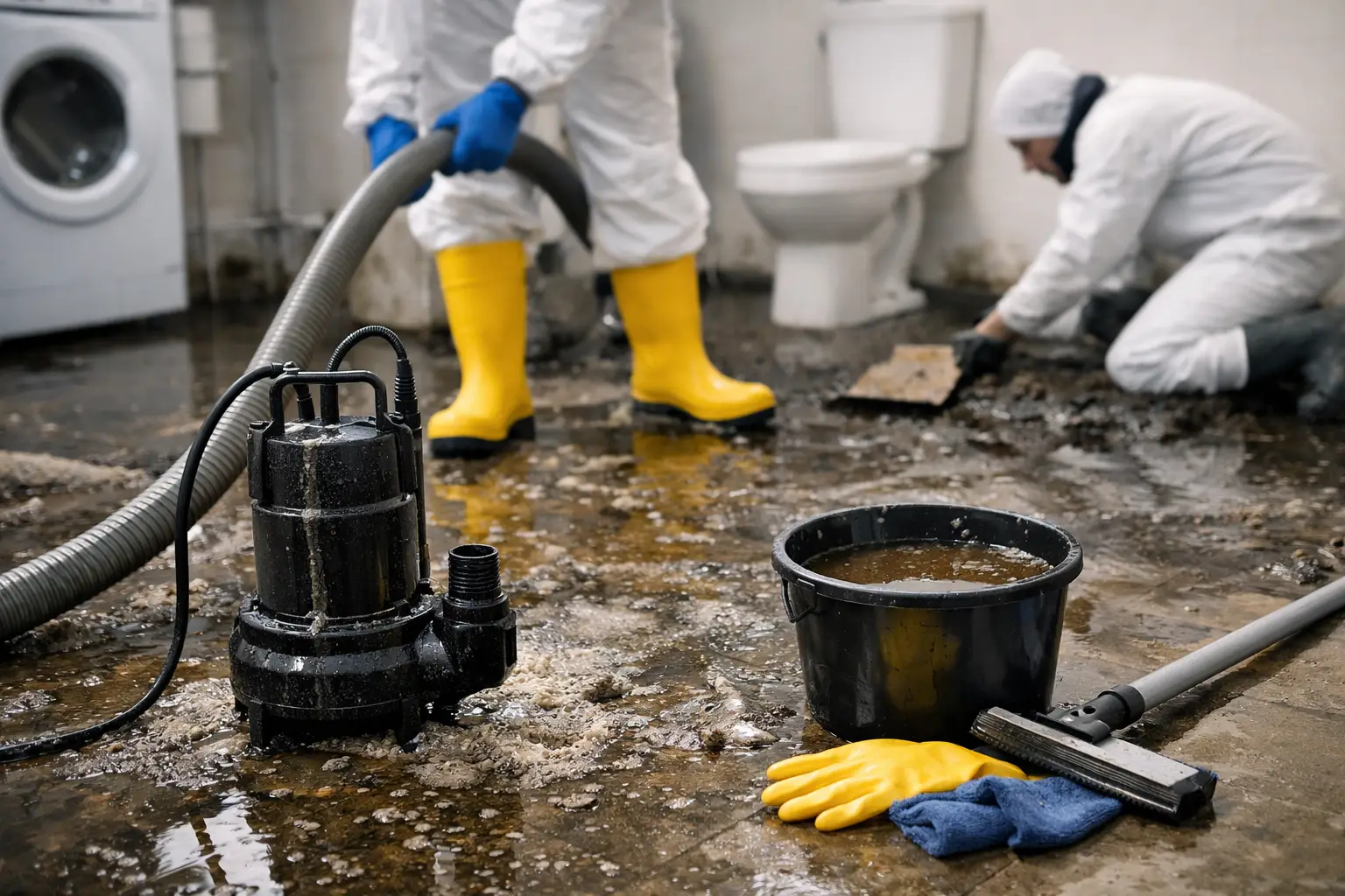Restoration workers in protective suits using a submersible pump to extract water from a flooded bathroom floor