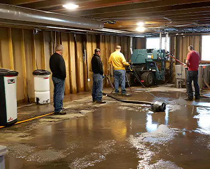 A restoration crew assessing a flooded basement with standing water across the concrete floor — water and fire restoration leads in Florida