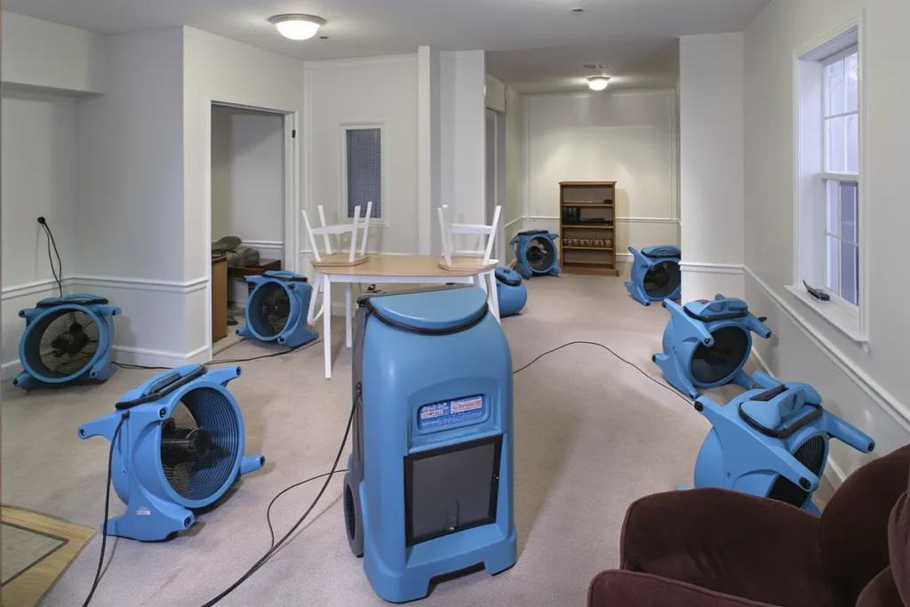 A restoration crew’s blue air movers and a dehumidifier drying out a water-damaged carpeted room